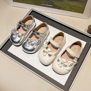 2025 Spring Cute Small Bow silver Leather Shoes Children's Soft Bottom Shallow Mouth Children's Sweet Single-layer Shoes Princess Shoes