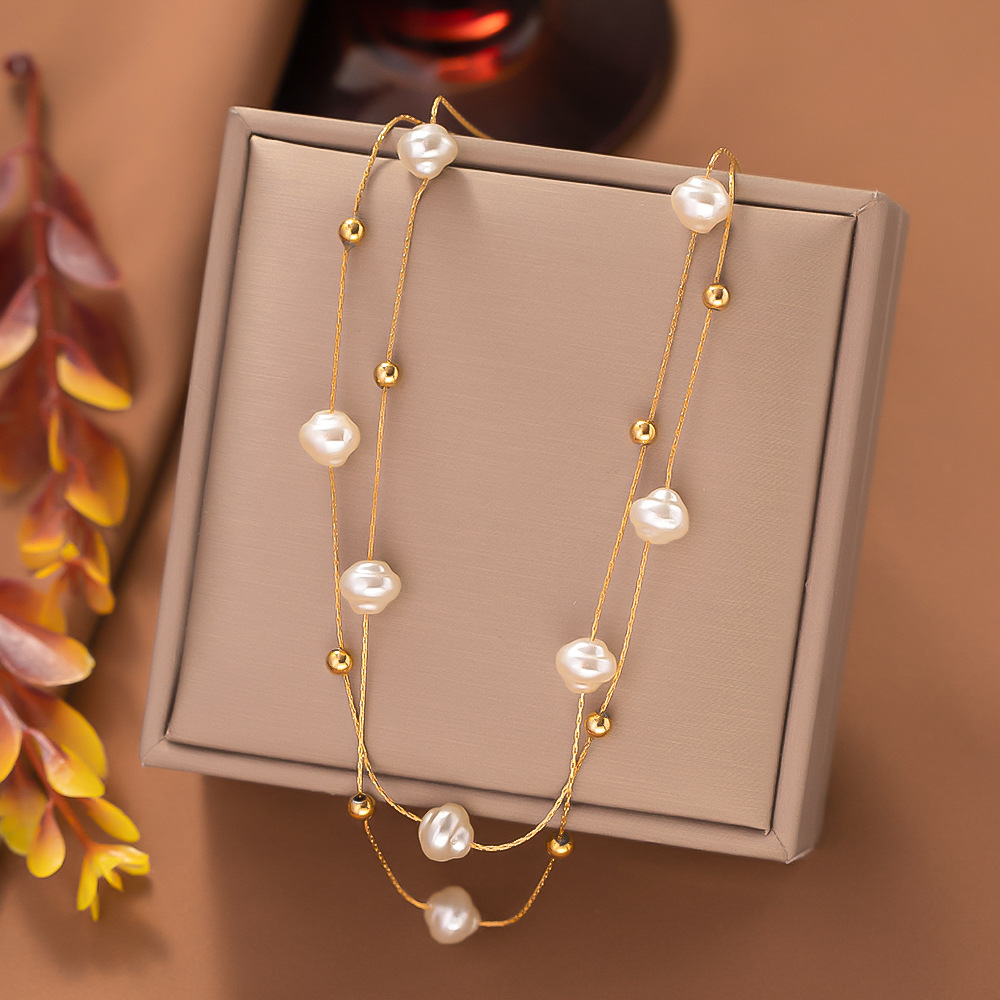 1 Piece Quantity Holiday Occasion 304 Stainless Steel Material PVD Coated Real Gold Plated 18K Gold Pearl 304 Stainless Steel Waterproof Non Tarnish 304 Stainless Steel Layered Necklaces