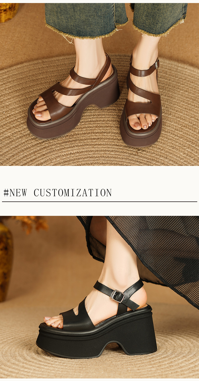 Sandal nữ đế xuồng 11cm quai ngang cổ điển hở mũi da thật — Màu vàng, Màu bạc chi tiết 3