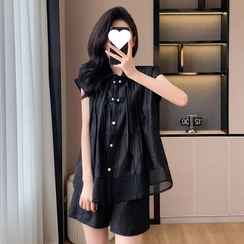 ワンピース/ファッショナブルな女性の夏の新しいゆったりとした大きいサイズの女性の新しい中国風のシャツ半袖ショーツ女性のトレンディな|undefined