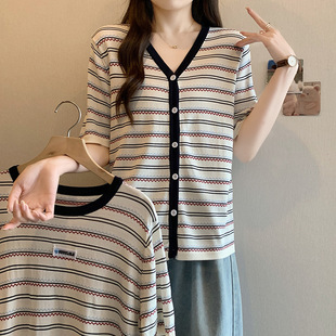 Plus Size Women's Summer New Fashion Versatile Wavy Striped Slimming Ice Silk Knit Top