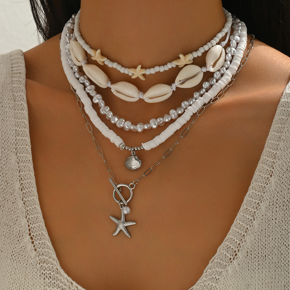 Ocean Inspired Shell And Pearl Layered Necklace For Women_voghion.com