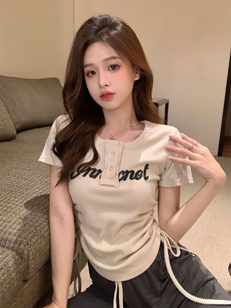 Sommer New Style American Sweet Cool Spicy Girl Kordelzug Kurzarm Abnehmen T-Shirt Ice Silk Weites Bein Lange Hosen_voghion.com