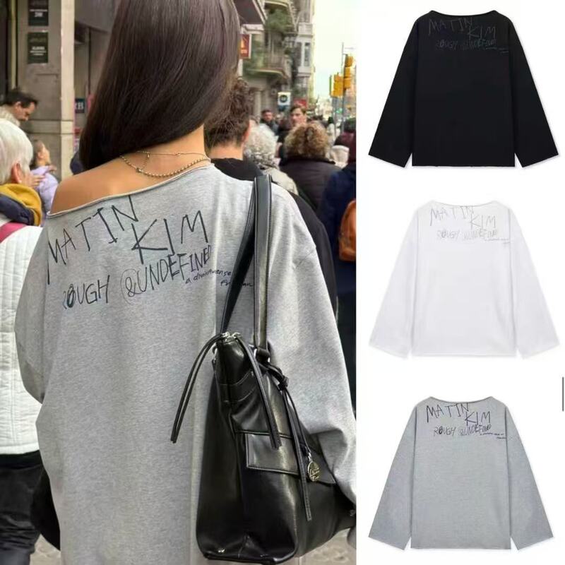 26Ss Korean Mart* Designer Style Letter Contrast Color Classic Print One-Shoulder Loose Long-Sleeved T-Shirt