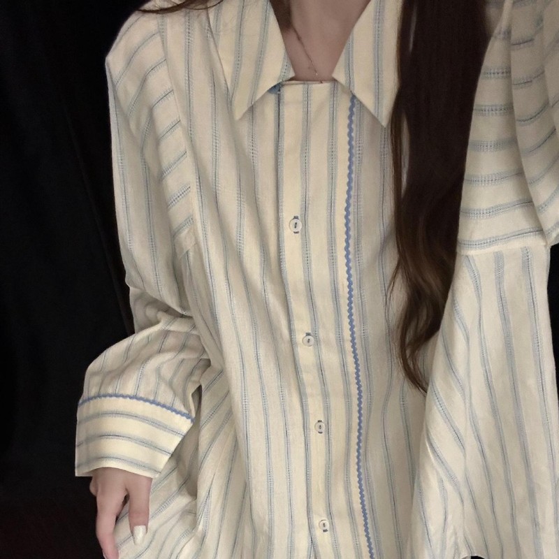 设计感简约休闲条纹睡衣女春秋新款慵懒风长袖长裤家居服可外穿|undefined