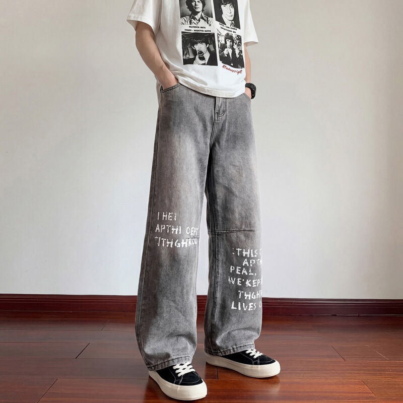Xintang Men's Jeans, Straight-Leg, Slightly Flared, Letter Print, Washed, Gradient, Vintage Boyfriend Style, Designer Wholesale Xintang Men's Jeans, Straight-Leg, Slightly Flared, Letter Print, Washed, Gradient, Vintage Boyfriend Style, Designer Wholesale