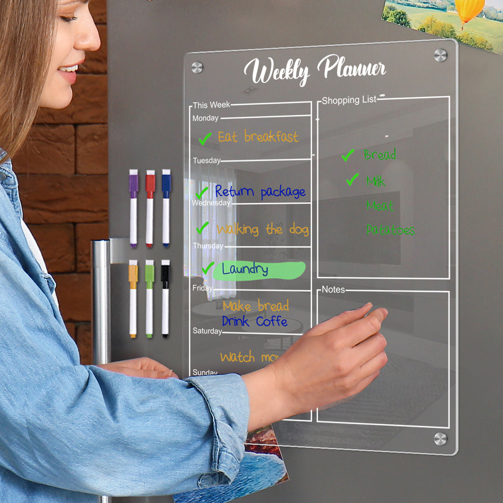Pizarra magnética transparente de acrílico para decoración de refrigeradores, tablero de planificación semanal, pizarra de mensajes, adhesivo para refrigerador