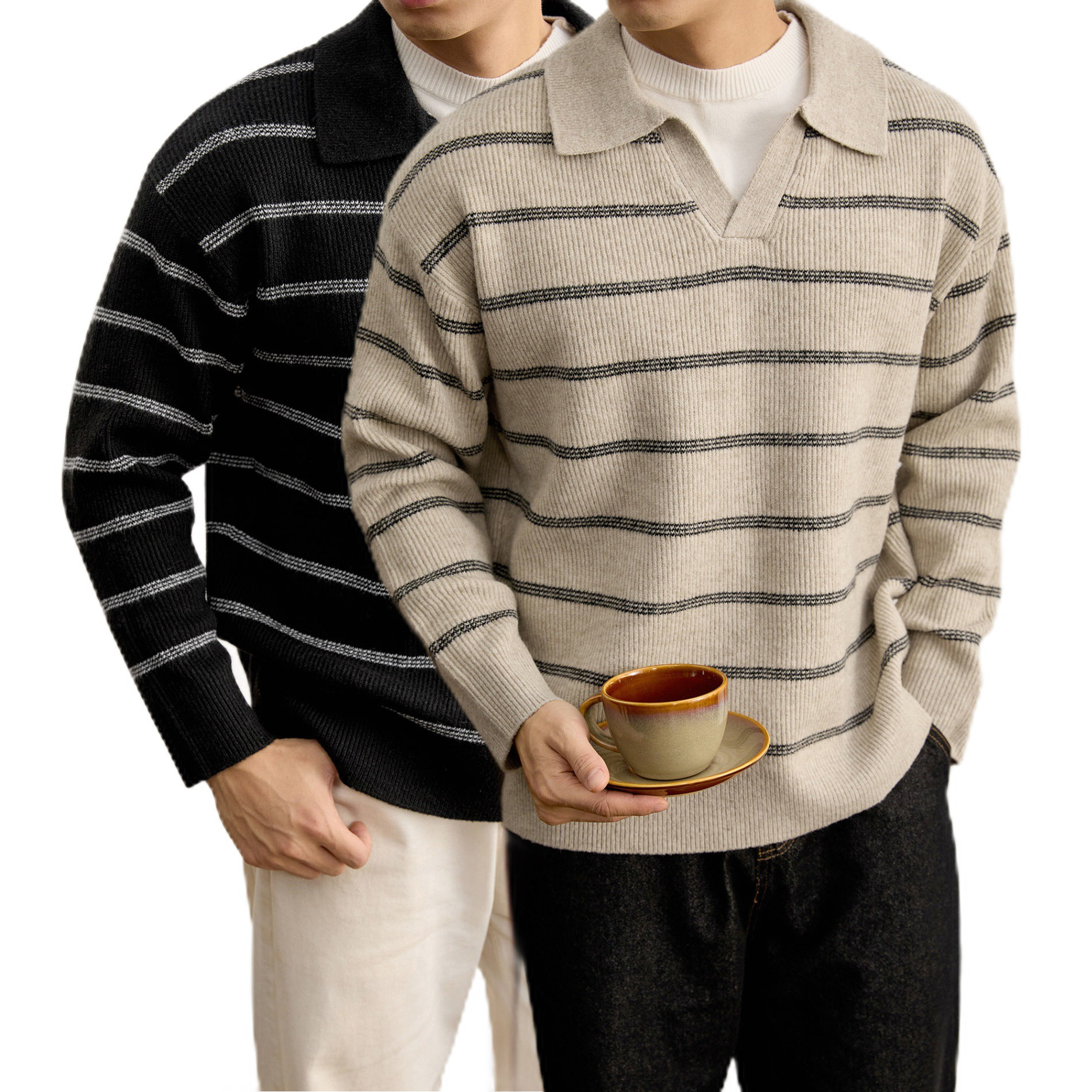 Explosiones transfronterizas de tamaño grande falso de tamaño europeo dos piezas de polo a rayas suéter de punto hombre viejo viento de fábrica de cuello V al por mayor