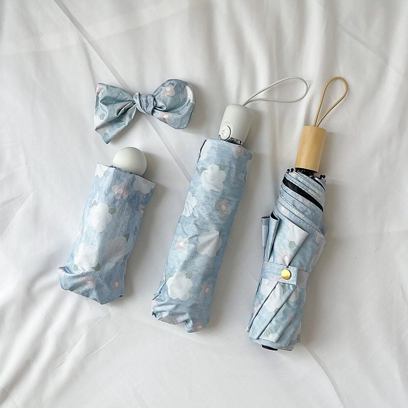 Oil Painting Flowers Gentle Breeze Blue Floral Umbrella Wooden Handle 70% off Automatic Dual-Use Umbrella for Both Sunny and Rainy Weather Sunshade and Sun Protection Umbrella