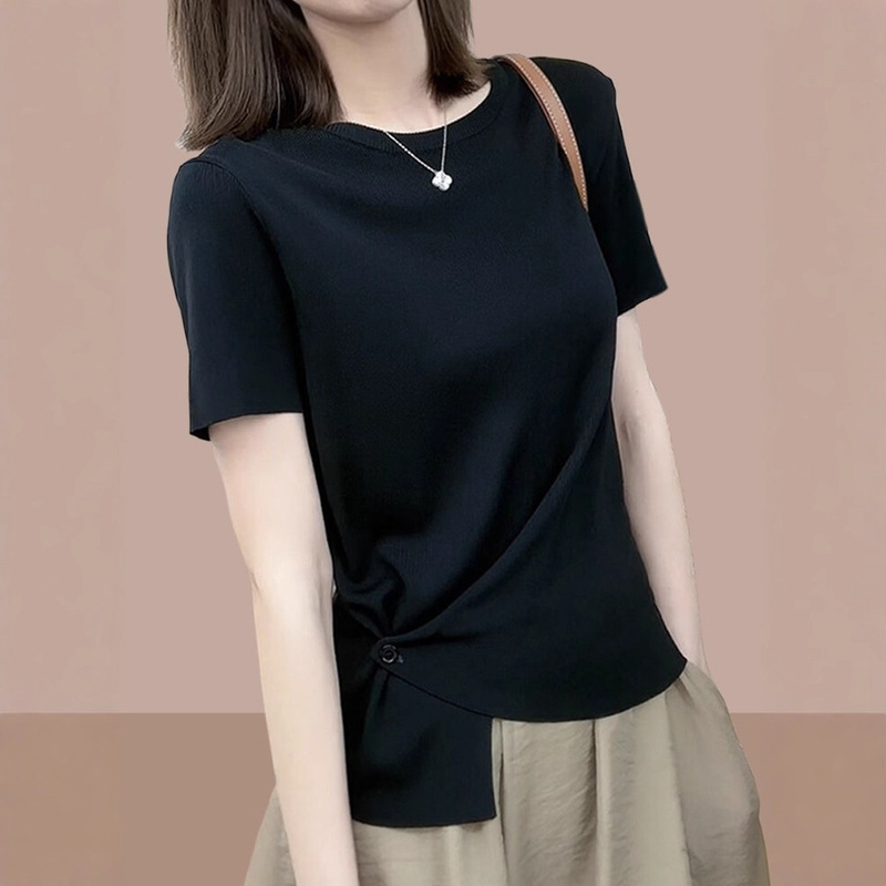 Tiktok Summer New Design Casual Versatile Round Neck Regular Shoulder Irregular Short-Sleeve T-Shirt Top for Women Medium Size Tiktok Summer New Design Casual Versatile Round Neck Regular Shoulder Irregular Short-Sleeve T-Shirt Top for Women Medium Size