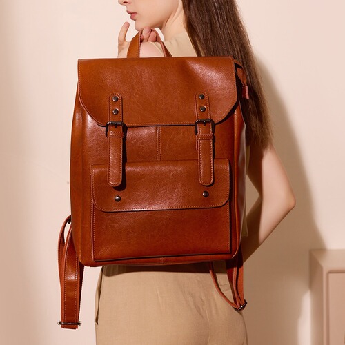 Large Capacity Women's Dual Strap Bag British Style Retro Neutral Double Strap Bag Genuine Leather Durable Calfskin Computer Backpack College Style
