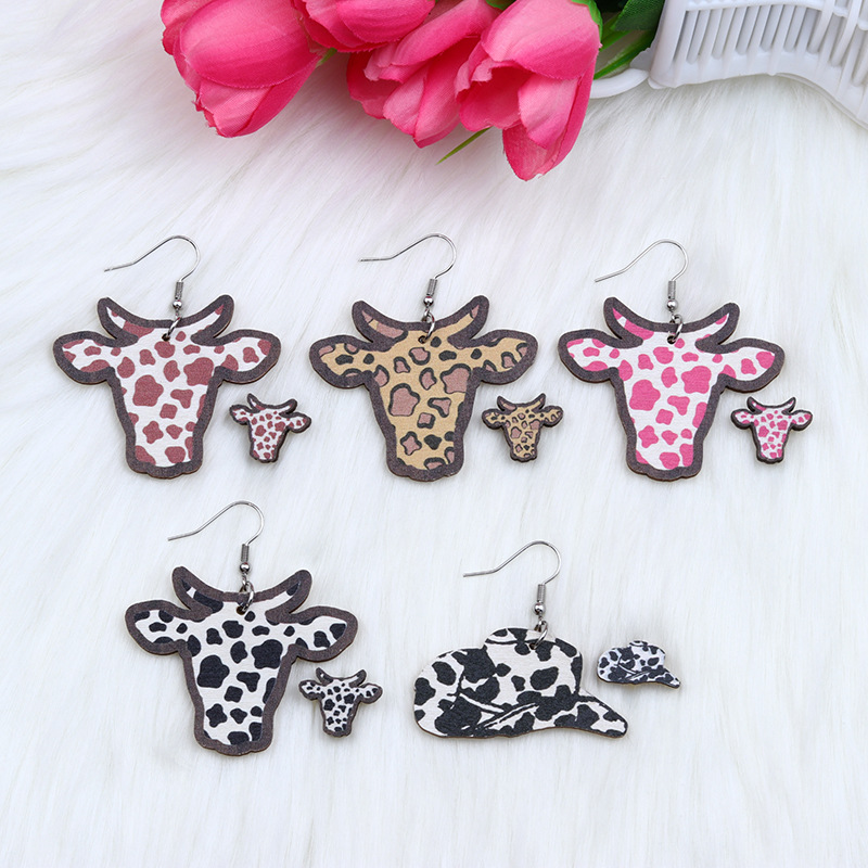 Casual Simple Style Cow Pattern Cattle Wood Printing Women's Drop Earrings Ear Studs display picture 5