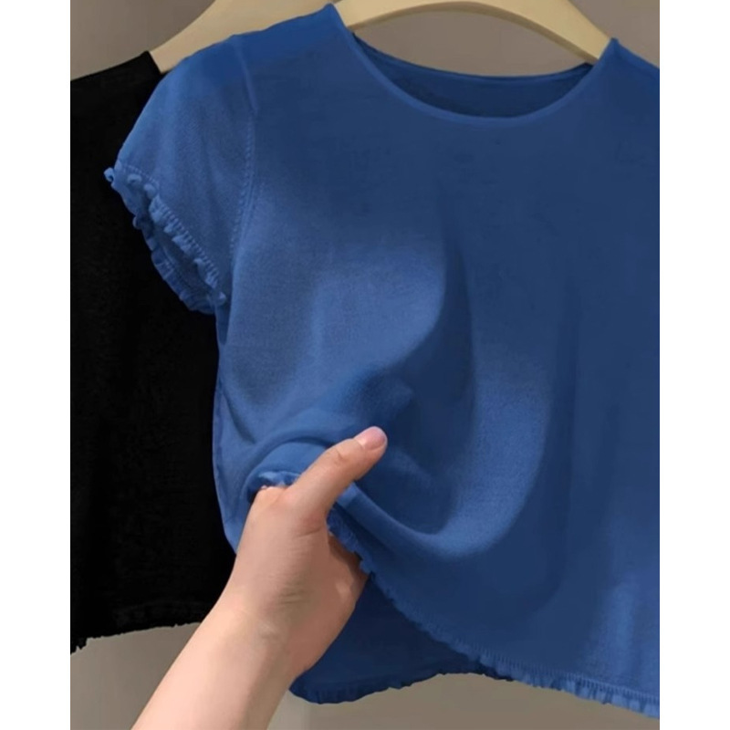 今年人気の西洋風シックなレースブルー半袖Tシャツレディース春夏デザイン通気性カジュアルトップス|undefined