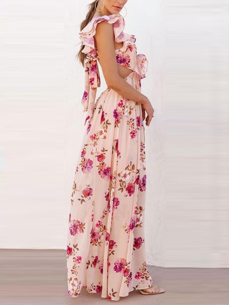 2025 Vestido de falda larga de verano sin espalda con diseño de hombros descubiertos y estampado de comercio exterior de nuevas mujeres transfronterizas europeas y americanas