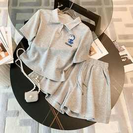 儿童POLO衫卡通印花套装夏装2024新款女童时髦洋气短袖短裤运动套