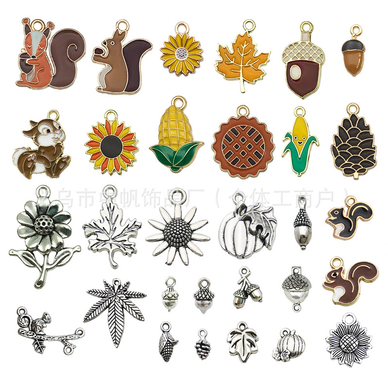Cross-border Thanksgiving Pumpkin Maple Squirrel Corn Pine Cone Jewelry Accessories Keychain Earrings Necklace DIY Pendant