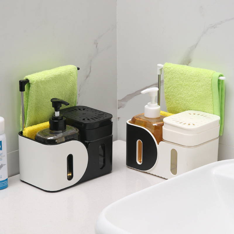 Dispensador de Jabón 3 en 1 de Plástico ABS Sin Perforación con Toallero para Cocina y Baño image 9