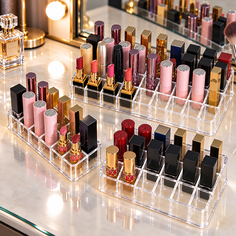 Light Luxury Transparent Lipstick Storage Box, Multi-Compartment Dust-Proof Design Lipstick Rack, Bedroom Desktop Cosmetics Storage Shelf