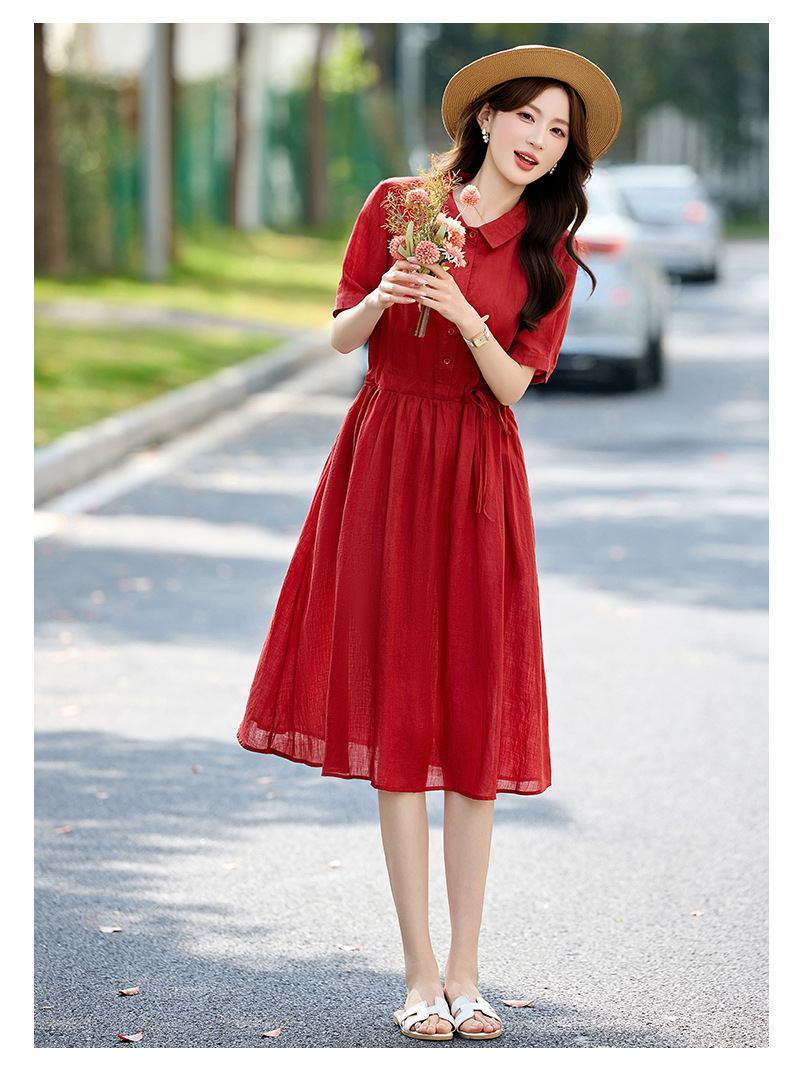 Đầm suông nữ midi dây rút eo cổ điển tay ngắn — Xanh lông mòng đen, màu đỏ chi tiết 17