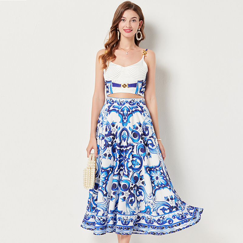 Holiday style women's blue and white porcelain printed metal buckle stitching sexy strap top high waist A- line long skirt suit for women