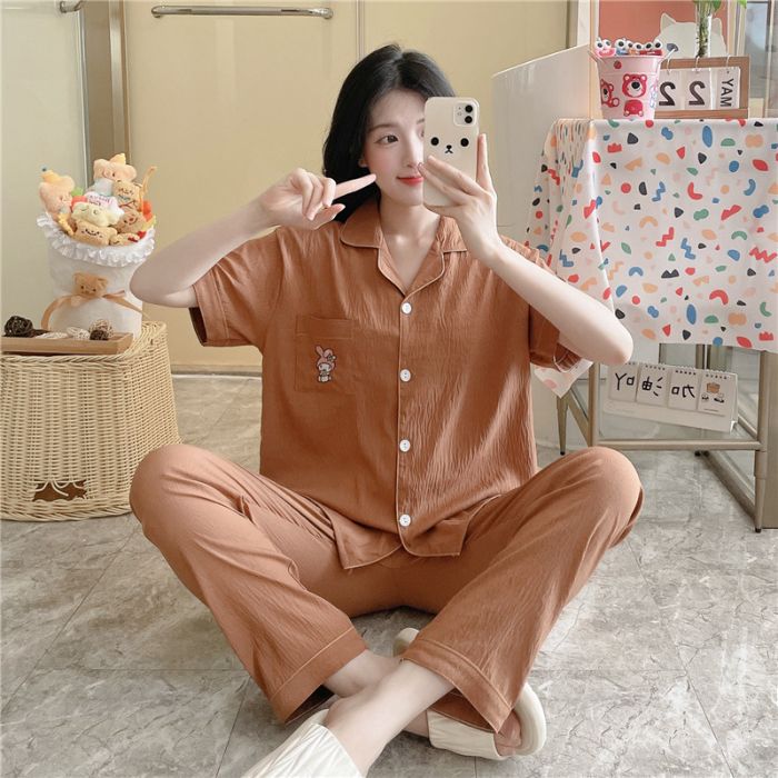 Pijamas transfronterizos al por mayor para mujer nube algodón otoño verano rebeca solapa pantalones de manga corta traje de servicio a domicilio simple y cómodo