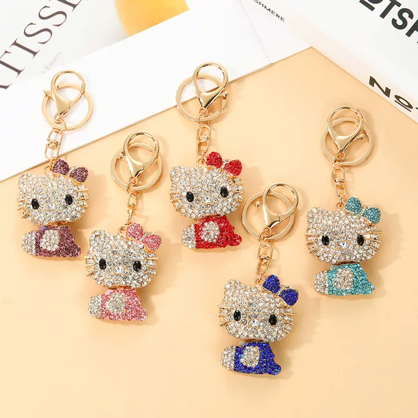 Korean-Style Ins Rhinestone Kt Cat Metal Keychain, Niche Fashion Bag Accessory Keychain Ring, Cross-Border Gift