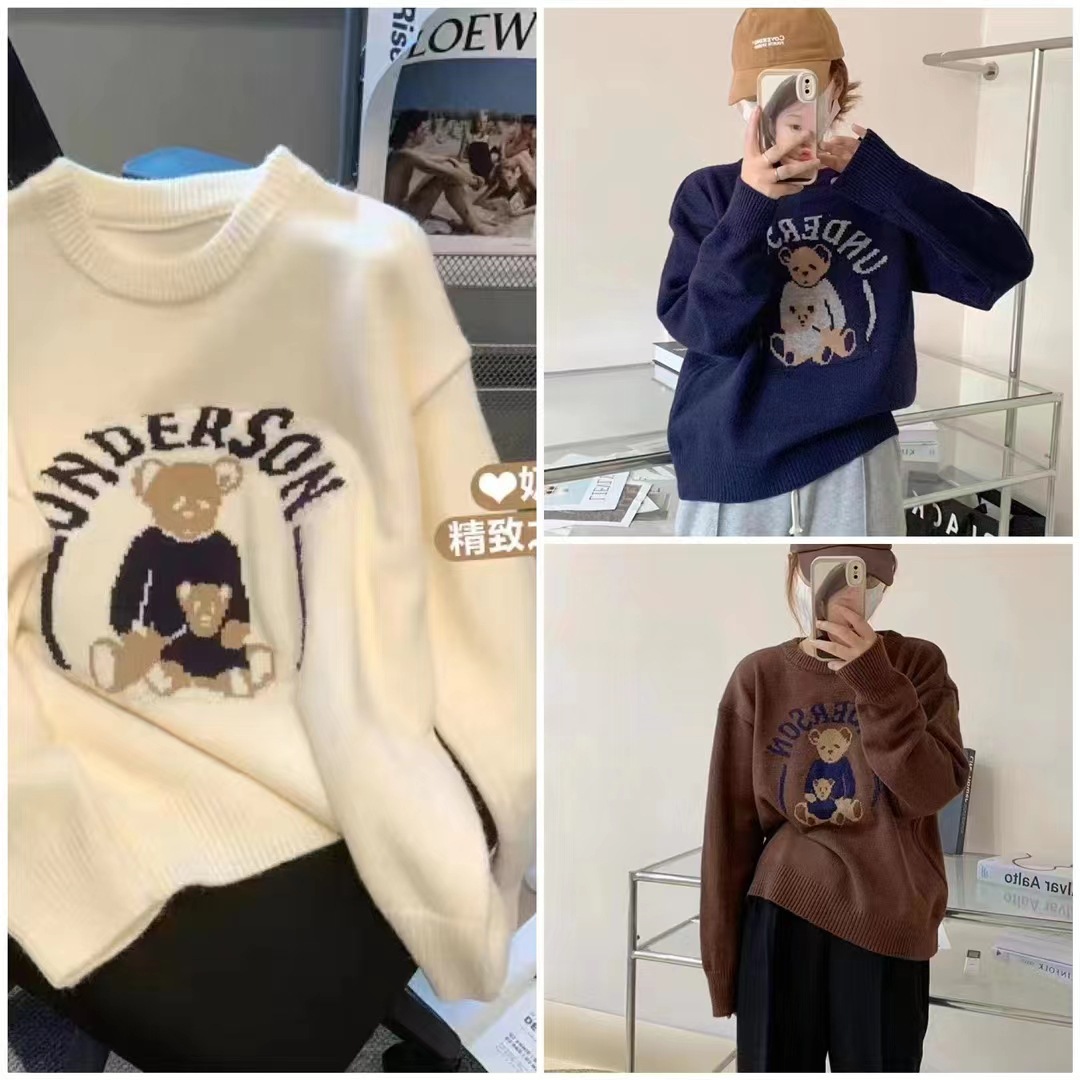 韩版卡通小熊春秋长袖针织衫女软糯奶白色上衣秋冬可爱风套头毛衣