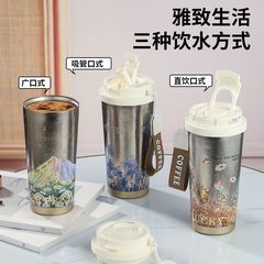 純チタン製保温カップ コーヒーカップ ins風ミルクティーカップ ポータブル ダブルドリンク 車載 大容量 ストロー付きティーカップ ins風