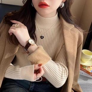 2025 Winter Warm Inner Layer Top for Women, Half-Turtleneck Integrated Fleece Knitted Base Shirt, Korean Style Versatile Sweater