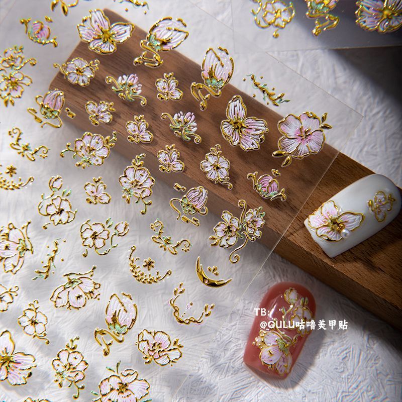 Chinese Style Retro Cherry Blossom Gold-Edged Nail Stickers with Gold Powder Cherry Blossoms, Exquisite Chinese-Style DIY Nail Adhesive Waterproof Chinese Style Retro Cherry Blossom Gold-Edged Nail Stickers with Gold Powder Cherry Blossoms, Exquisite Chinese-Style DIY Nail Adhesive Waterproof