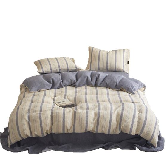 Japanese Style Simple Type A Cotton Wrinkle Yarn-dyed Wash Four-piece Set Skin-friendly Naked Sleeping Pure Cotton Three-piece Set Bedding