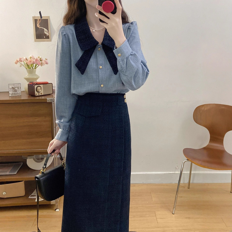 大码女装2025秋季新款韩系小香通勤衬衫+高腰遮肉显瘦裙裤两件套|undefined