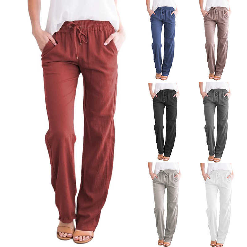 2021 Women's Spring and Summer New European and American Women's Pants Amazon Solid Color Cotton and Linen Drawstring Loose Casual Wide Leg Women's Pants