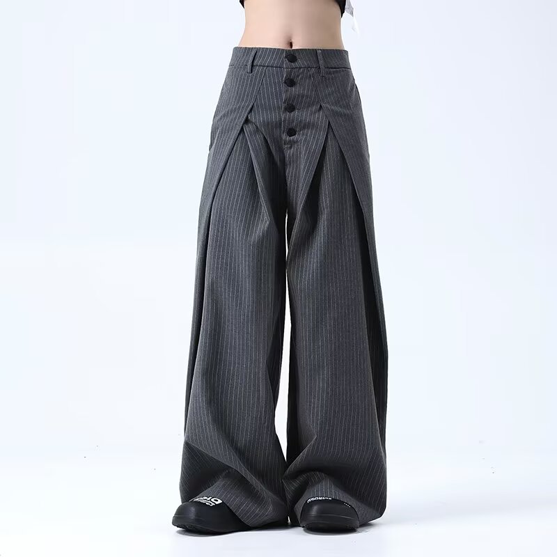American-Style Pleated Striped A-Line Old Money Style Button Design Vertical Striped Men's Loose Wide-Leg Casual Suit Pants