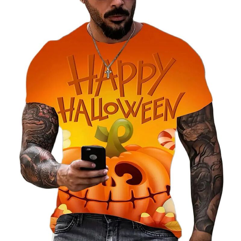 Men's New Foreign Trade Hot Short-sleeved T-shirt Halloween Pumpkin Series 3D Printed T-shirt Casual Round Neck Top