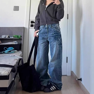 大码胖mm美式复古铆钉水洗闪电直筒牛仔裤女秋冬设计感辣妹阔腿裤