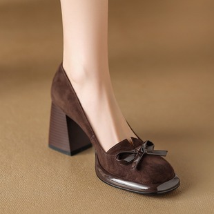 2024 Spring New Arrival Frosted Bow Chunky Heeled Shoes Women's Shallow Mouth Platform Chunky Heeled Shoes