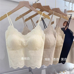 胸パッド付きレトロレースキャミソールレディース、美しい背中チューブトップショートベストトップ、薄い下着ベース