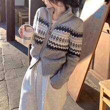 冬高领双拉链100羊毛衫长袖撞色开衫女宽松显瘦羊绒针织外套上衣