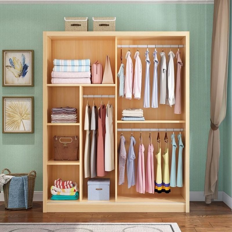 Pine wood wardrobe, simple solid wood sliding door bedroom storage cabinet, children's natural wood two-door assembled wardrobe