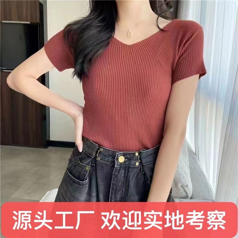 2025 Summer New Korean Style V-Neck Pullover Ice Silk Base Shirt T-Shirt for Women Slim Fit Knit Top Thin Style