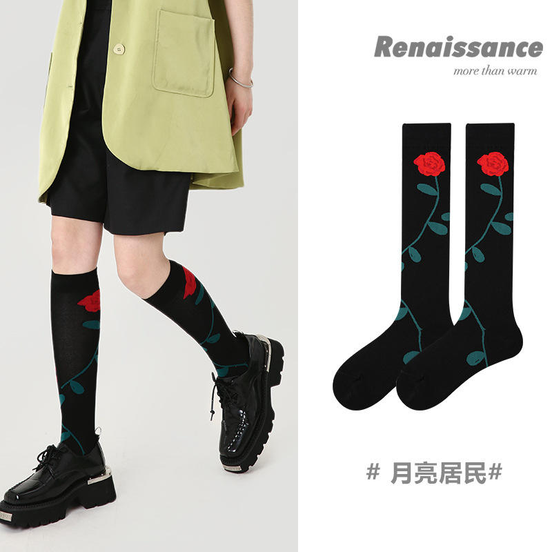 Renaissance Original Women's Socks Spring And Summer Simple Stockings Girls Flower Calf Socks Pastoral Style Knee-length Socks For Women