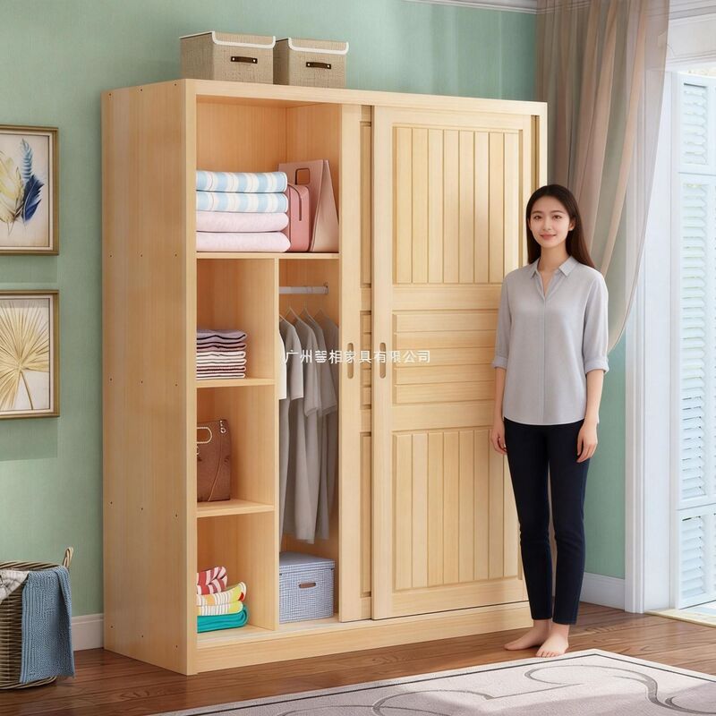 Solid Wood Pine Sliding Door Wardrobe, Simple Natural Wood Adult Bedroom Two-Door Children's Storage Closet, Assembly and Delivery