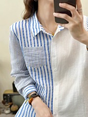 2025年春秋新款双层棉纱衬衫女长袖文艺复古宽松休闲条纹衬衣拼接