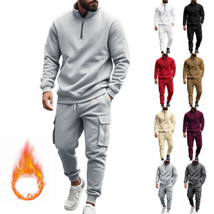 Cross-border autumn and winter men's Amazon new American men's casual fleece-lined warm zipper men's sports pants suit