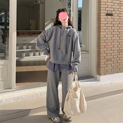 大码学院风休闲运动套装女秋季新款胖MM宽松连帽卫衣阔腿裤两件套