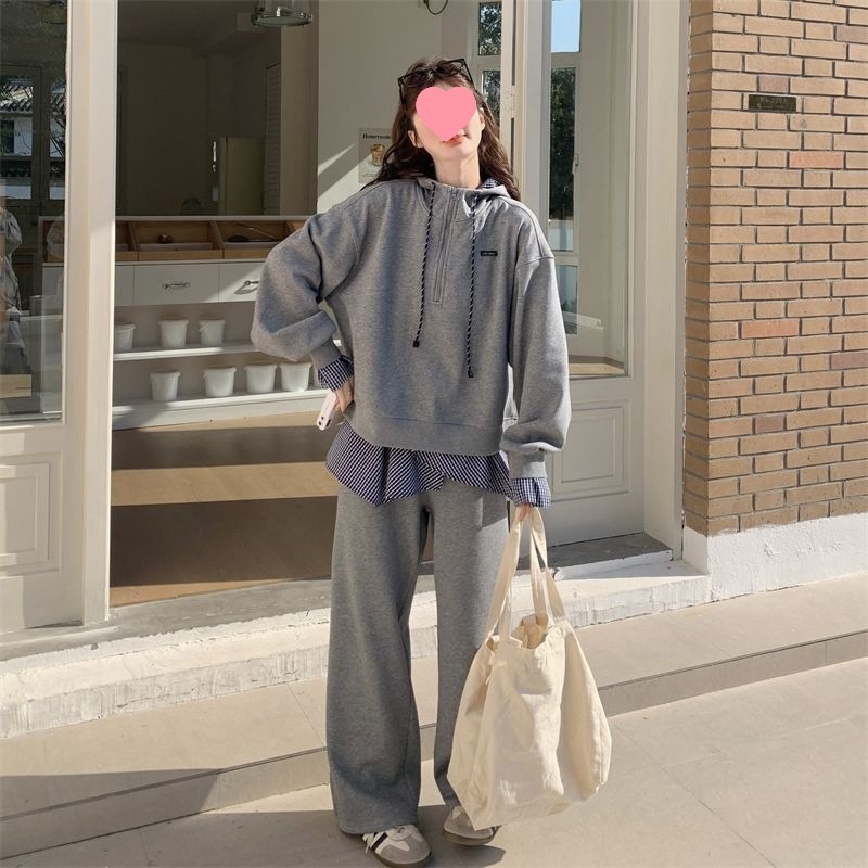 大码学院风休闲运动套装女秋季新款胖MM宽松连帽卫衣阔腿裤两件套|undefined
