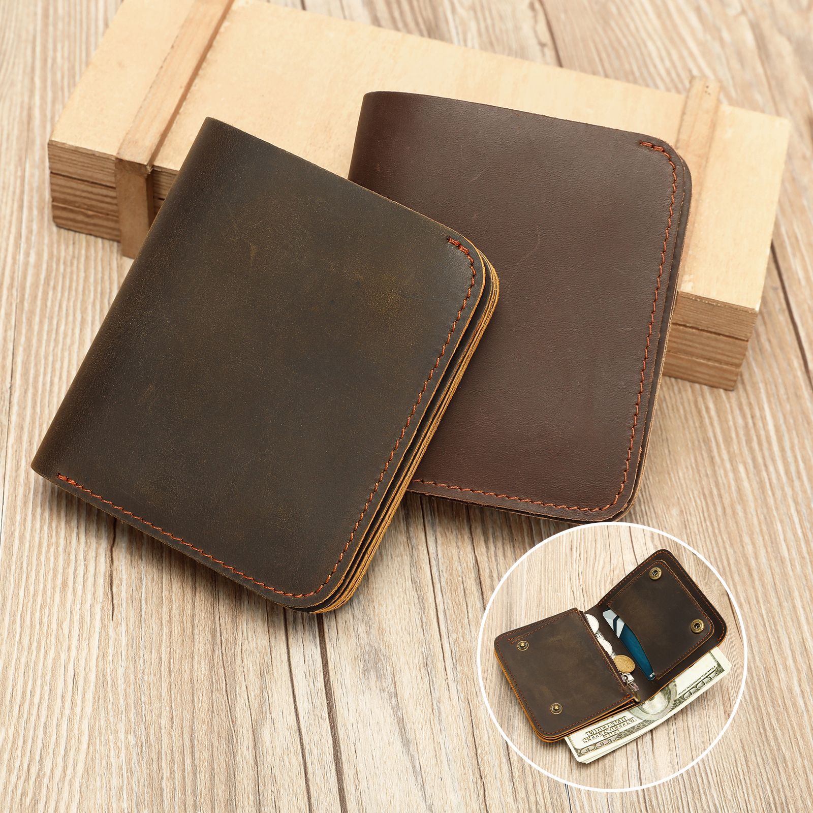 Ví da nam gập mini chất liệu da bò Crazy Horse phong cách retro — Màu nâu, Cà phê đậm, 10cm*2cm*11cm