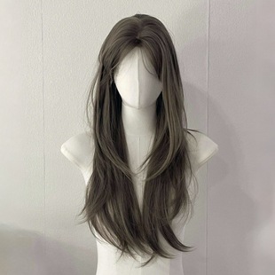 [End Girl] Long Straight Hair Milk Tea Grey Brown Atmosphere Invisible Wig Full Head Cover in Simulated Hair