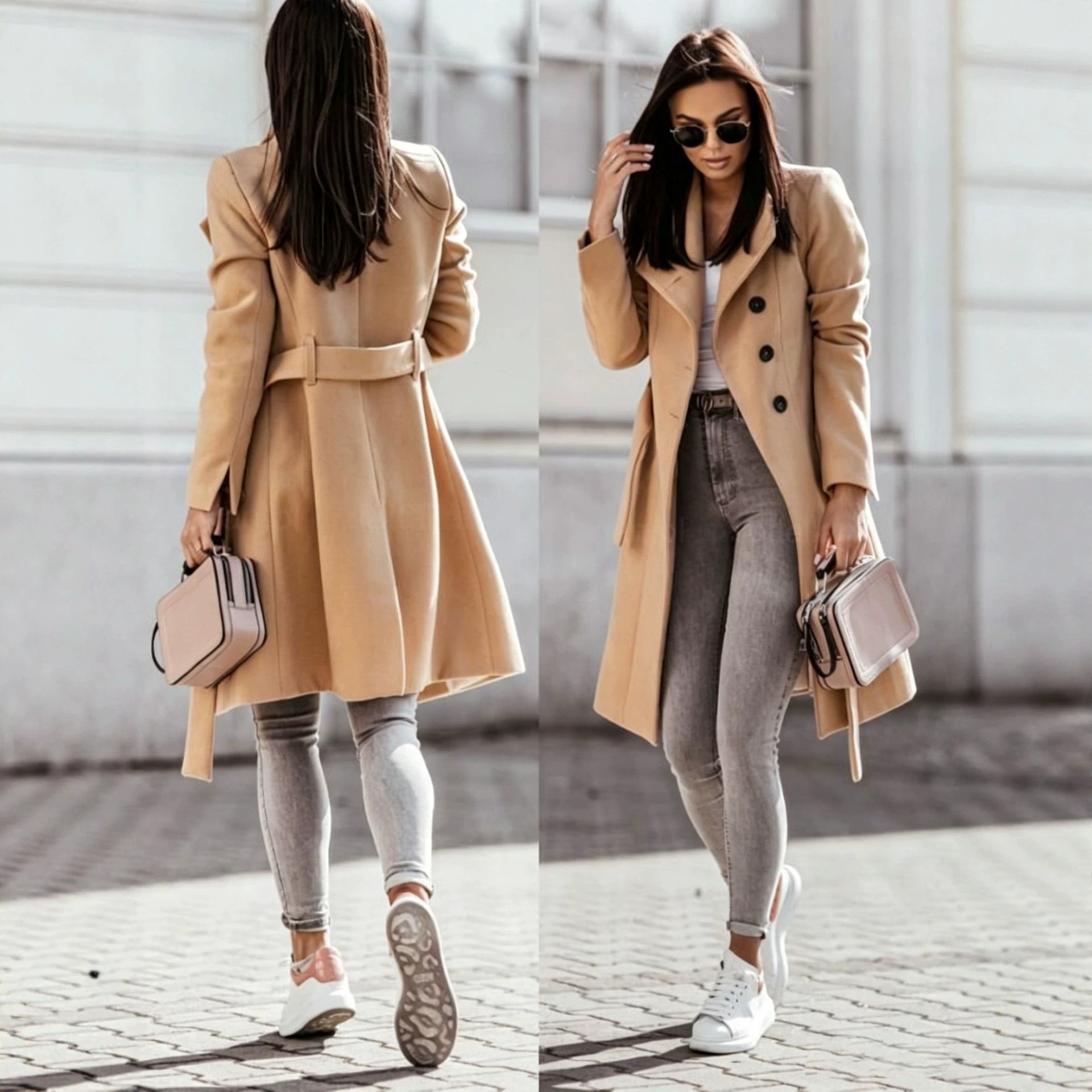 2026 Autumn/Winter European and American New Cross-Border Women's Clothing Amazon Woolen Coat Solid Color Tie-Up Mid-Length Woolen Jacket